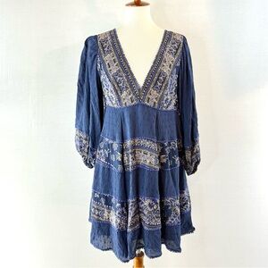Free People Indigo Blue "My Love" Long Sleeve Mini Dress